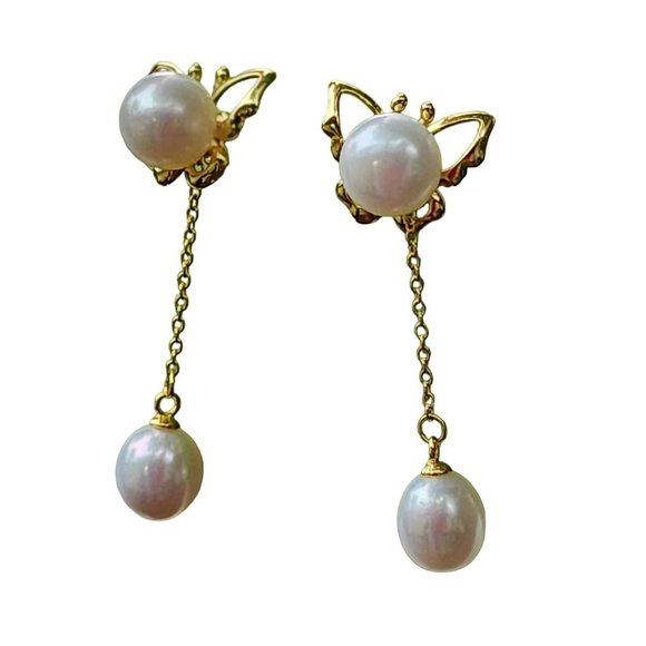 18K Gold Plated Reversible Butterfly With White Freshwater Pearl Dangle Earrings - Picture 8 of 14